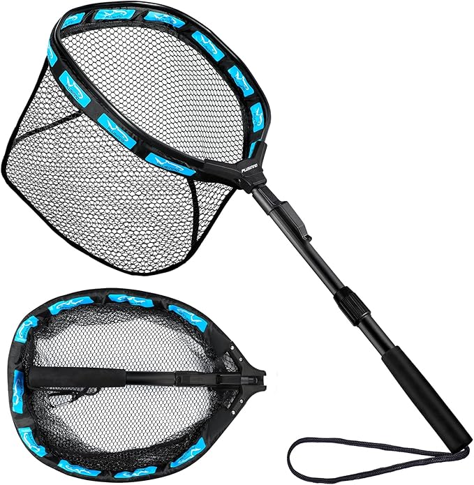PLUSINNO Fishing Net Fish Floating Landing Net, Kayak Nets with Fixed Foldable Telescopic Pole Handle, Bass Trout Fishing Nets with Nylon Mesh for Pond Lake River, Fishing Gear Gifts for Men Anglers