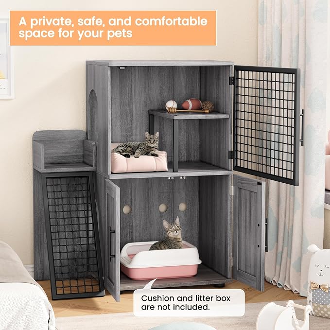 Cat Litter Box Enclosure Furniture with Double Layer Design, Hidden Litter Box & Lounge Villa for Indoor Cats - Includes Ladder, Platform, and Washroom Space for Living Room, Wax Wood
