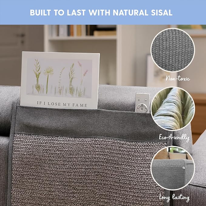 The Cat Ladies Cat Scratch Furniture Protector Mat - Couch Protector from Claws - Anti Scratch Furniture Protectors from Cats Scratching - Sisal Scratcher Pad with Pocket - Grey