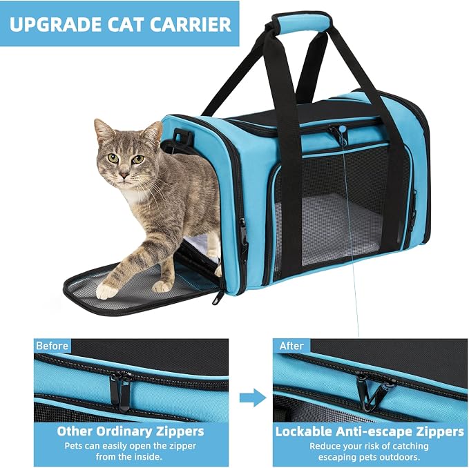 Pnimaund Large Pet Carrier, Soft Sided Cat Carriers for Large Cats Under 20 lbs, Soft Dog Carriers for Medium Dogs Small Dogs, Collapsible Cat Carrier for 2 Cats Travel Carrier -Blue
