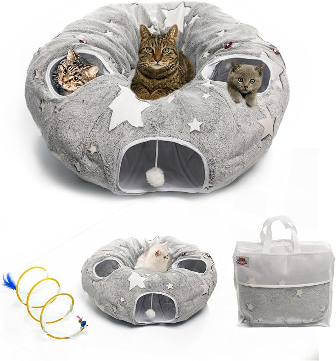 Cat Tunnel Bed for Indoor Cats | Plush Interactive Donut Tunnel, Peekaboo Holes, Shape-Shifting Design, Washable Cushion, For Small to Medium Pets