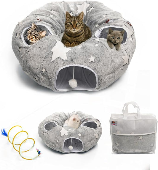 Cat Tunnel Bed for Indoor Cats | Plush Interactive Donut Tunnel, Peekaboo Holes, Shape-Shifting Design, Washable Cushion, For Small to Medium Pets
