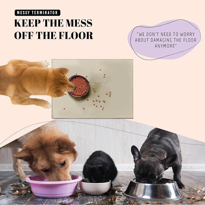 AVERYDAY 100% Waterproof Thicker Silicone Dog Food Mat, 0.63'' Raised Edge Bowl Mat for Food & Water, Non Slip Pet Feeding Placemat for Messy Drinkers, Perfect for Large Medium Small Breeds, 23"x16"