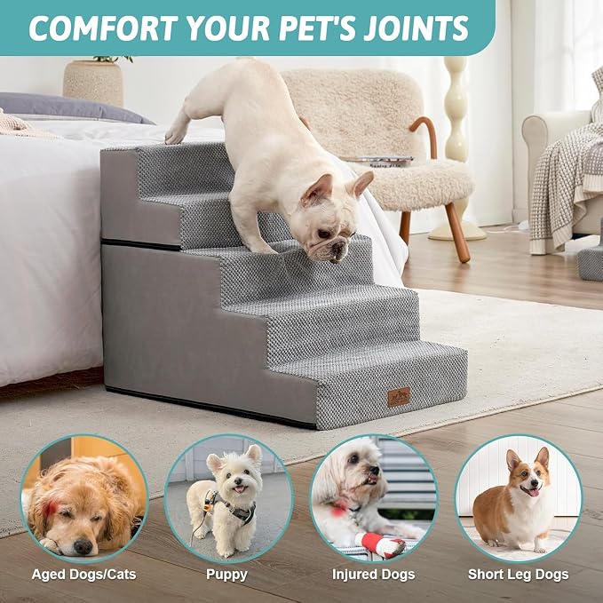 COZY KISS Dog Stairs for Small Dogs, 17.7" Extra Wide Detachable Pet Stairs for Couch and Bed, 23.6" H Non-Slip Dog Steps for Puppies and Old Cats, 17.7x29.5x23.6 inch, Grey