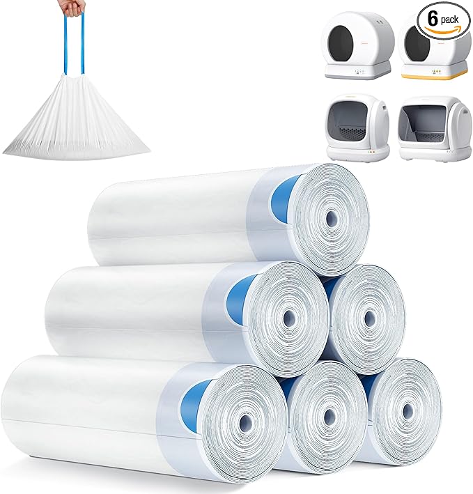 MeoWant Cat Litter Box Liner -120PCS Heavy Duty Drawstring Trash Bags for MeoWant MW-SC01/MW-SC02 Automatic Self-Cleaning Boxes, Extra Thick Leakproof, 6 Rolls (20 Bags/Roll)