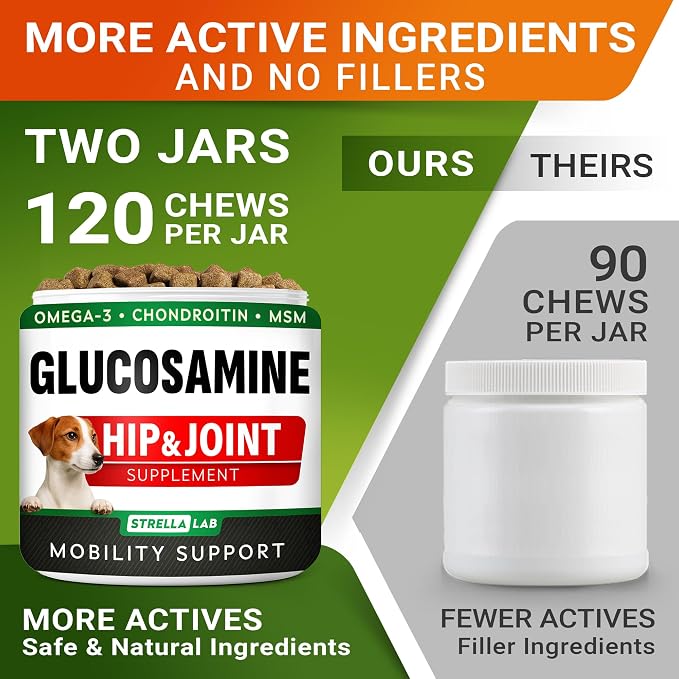 Glucosamine Treats for Dogs - Joint Supplement w/Omega-3 Fish Oil - Chondroitin, MSM - Advanced Mobility Chews - Joint Pain Relief - Hickory Bacon Flavor - Dogs & Horses - 240 Ct - Made in USA
