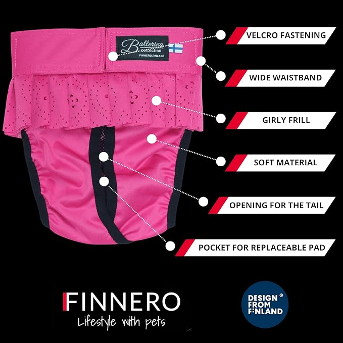 FINNERO Ballerina Dog Diaper – Washable, Reusable, Leak-Proof – Heat, Period & Urine Incontinence Protection – Comfortable, and Stylish Design – Adjustable Fit for Female Dogs – XXS, Dark Pink
