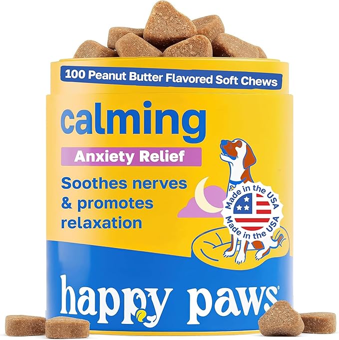 Happy Paws Calming Chews for Dogs, Relaxation & Anxiety Support for All Breeds & Ages, Dog Sleep Aid with L Theanine & Chamomile, Vegan Peanut Butter Flavor, Organic, Non GMO, Soft Chews (100 Count)