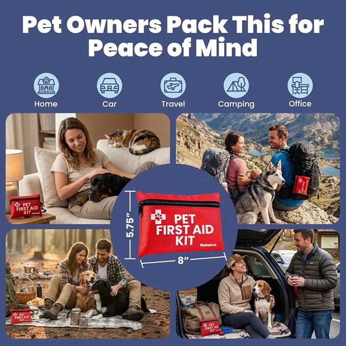 Rubyloo Vet Approved Travel Pet First Aid Kit Supplies to Treat Dogs & Cats in an Emergency with 12 Pack of 2 Funny Vet Wrap Bandages for Hiking, Camping & Backpacking