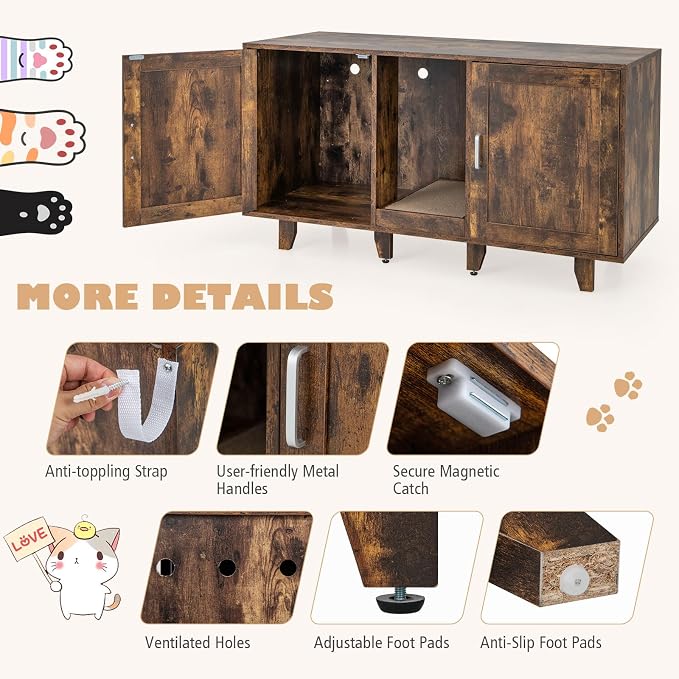 Tangkula Patented Double Cat Litter Box Enclosure for 2 Cats, Large Stackable Hidden Privacy Cat Washroom Cabinet with Scratching Board, Indoor Cat House TV Stand, Litter Box Furniture (Rustic Brown)