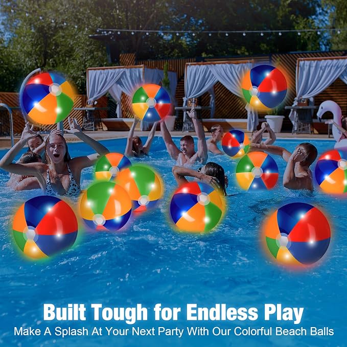 MiniInflat 12 Pcs Light up Beach Balls 16'' Jumbo Pool LED Balls Glow in the Dark Neon Giant Inflatable for Summer Hawaiian Tropical Theme Beach Party Decor Water Accessory (Rainbow)