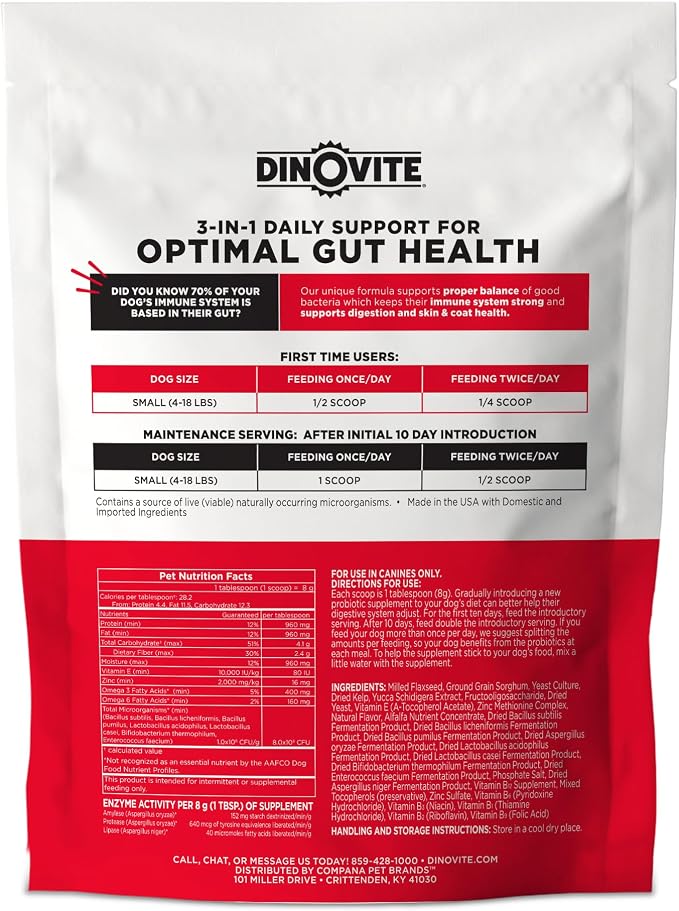 Dinovite Probiotics for Dogs, Probiotic Powder Food Topper for Small Dogs (1-18 lb), Daily Digestive Health & Skin Support with Omega-3s, 30 Servings