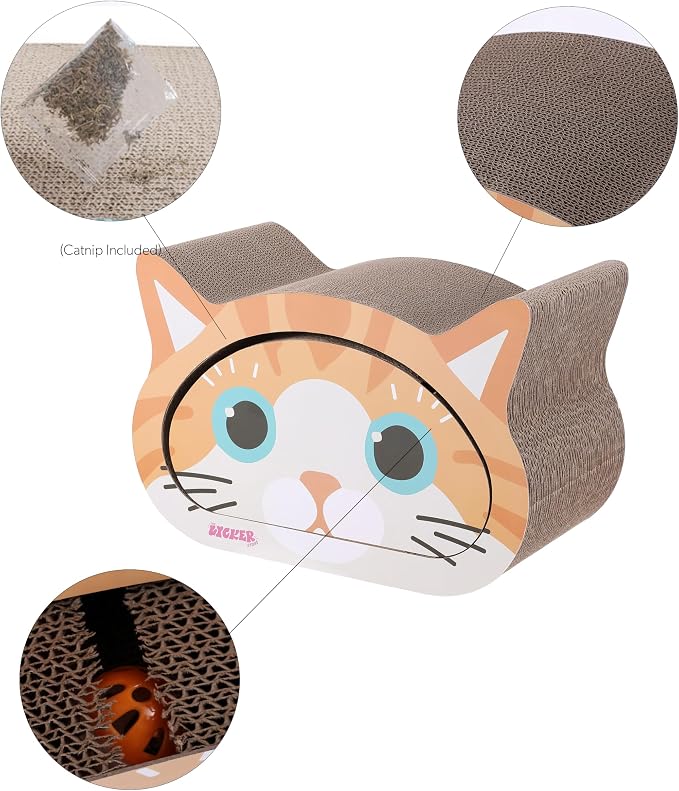 CSR1000C Opal 19" Modern Cardboard Happy Cat Head 2-in-1 Cat Cave Scratcher with Built-in Bell Toys and Catnip, Orange/Blue
