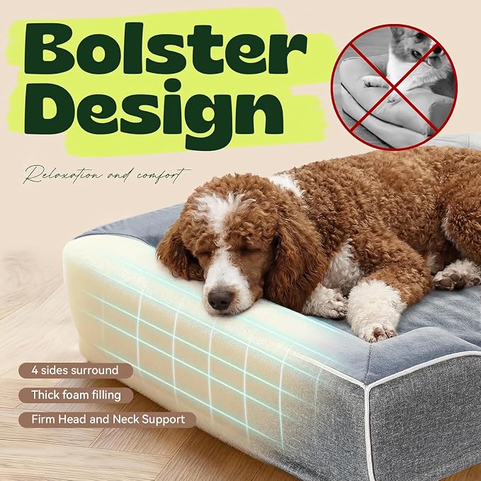 Orthopedic Dog Bed for Large Dogs,Cooling Gel & Egg Crate Foam,Waterproof Removable Washable Cover,Bolster Couch Bed for Big Breed Senior Pets,Dark Grey, 42.0"X30.0"X9.0"