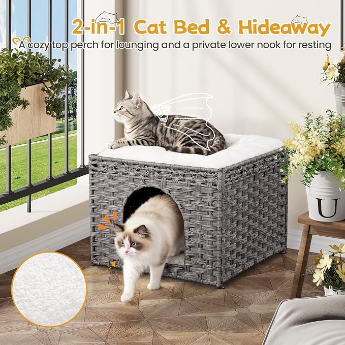 Snughome Handwoven Rattan Cat House - Indoor Foldable Cat Bed Cave with 2 Removable Bed Mats, Large Kitten House, Hideaway Pet Cube, 16.54 x 16.54 x 12.6 Inches, Grey, for Living Room & Bedroom