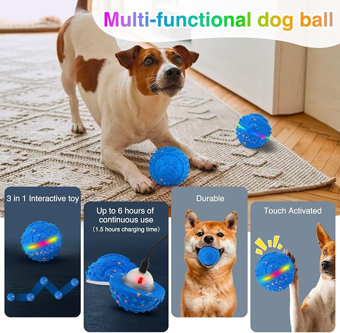 Interactive Dog Toys, Waterproof Smart Dog Ball, Rechargeable Moving Bouncing Dogs Ball with RGB Lights, 3 in 1 Play Modes Keeps Dogs Busy, E-TPU Material for Small Medium Dogs
