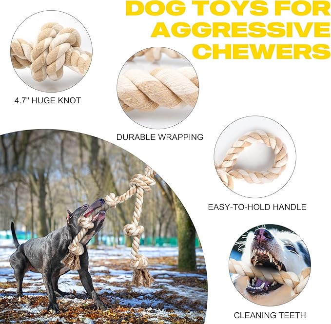 Fida Dog Rope Toys for Aggressive Chewers Set,Large Dog Toy Designed for Tug of War, Tough Dog Rope Toy Indestructible Made of Undyed Natural Cotton, 29" Large Dog Toys with 3 Big Knots and a Handle