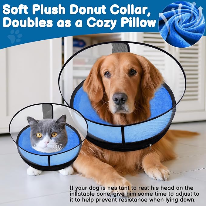 BARKLESS Dog Donut Collar, 2-in-1 Inflatable Dog Collars for After Surgery to Stop Licking Wounds, Patented Protective Donut Cone with High Shield for Small and Medium Pets (Blue, M)