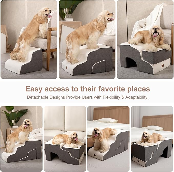Garnpet Dog Stairs for Couch Sofa and Chair with Tunnel, 3-Step Dog Steps for Small Dogs and Cats, Non-Slip Indoor Pet Step, Beige