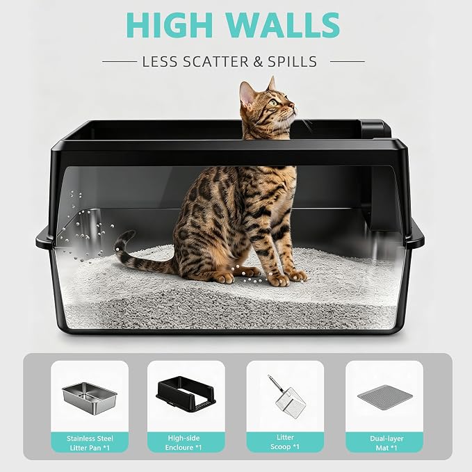 WoofiGo Stainless Steel Cat Litter Box with Lid, XL Extra Large Metal Kitty Litter Box Enclosed for Big Cats, High Sided, Anti-Urine Leakage, Non-Stick Bottom, Include Litter Mat & Metal Scoop (Black)