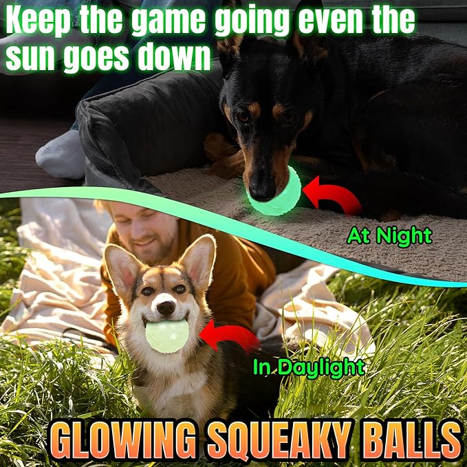 LECHONG 4-Pack 2.5” Glow in The Dark Squeaky Dog Balls, Durable Glowing Bouncy Rubber Fetch Toy Balls for Small Medium Puppy Dogs Nighttime Playing Indoors and Outdoors