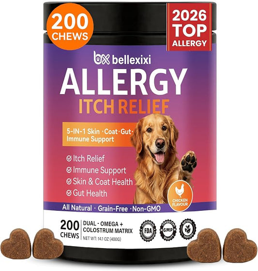 Dog Allergy Chews 200ct - Seasonal Allergy & Itching Skin Relief for Dogs - Soft Chews with Colostrum, Probiotics & Omega 3 for Licking Paws, Hot Spots & Immune Support - Chicken Flavor (14.1 OZ)