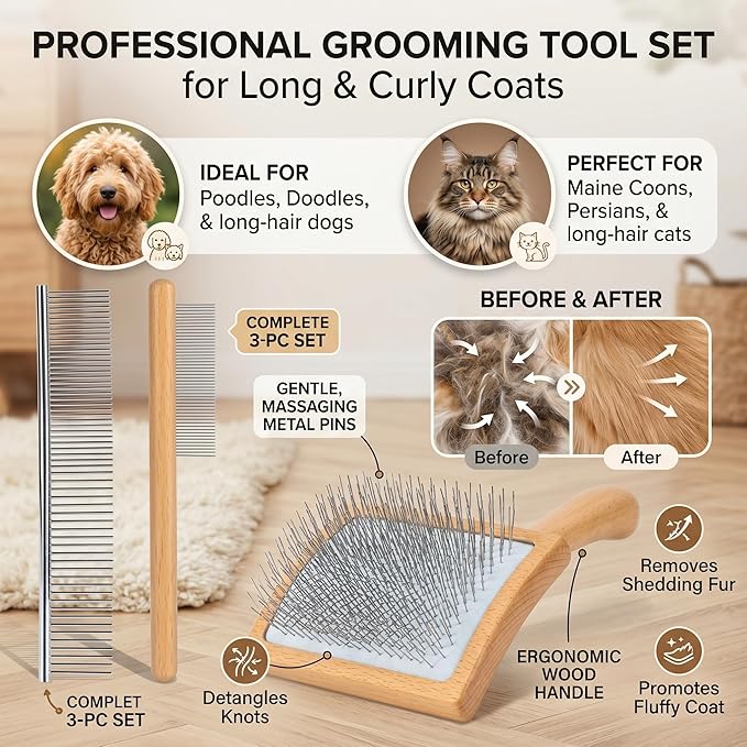Slicker Brush for Dogs, Large Dog Grooming Brush for Doodles Goldendoodles Poodles Labradoodle Bernedoodles, Long Combs to Wavy & Curly Hair - Wooden Handle 3 Pcs - Nature