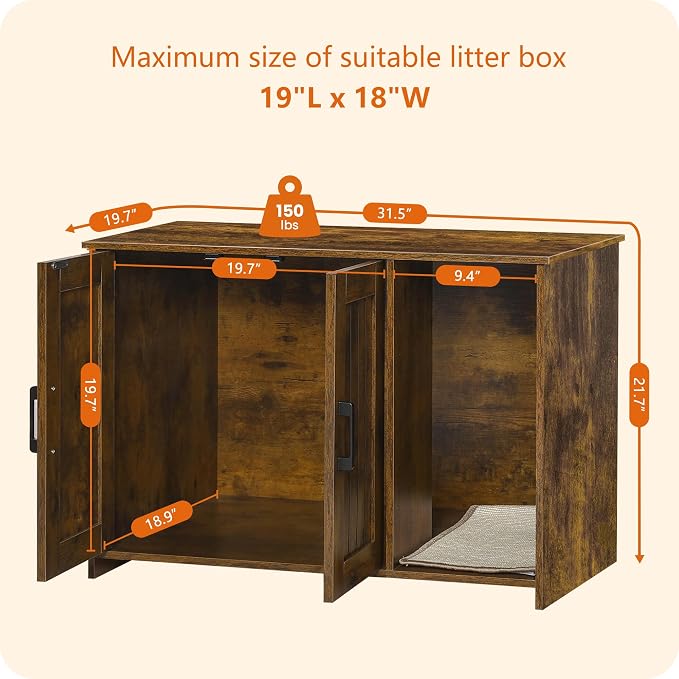 DWANTON Litter Box Enclosure, Cat Litter Box Furniture Hidden, with Scratching Mat, Wooden Cat Washroom Indoor, 31.5" L x 19.7" W x 21.7" H, Rustic Brown