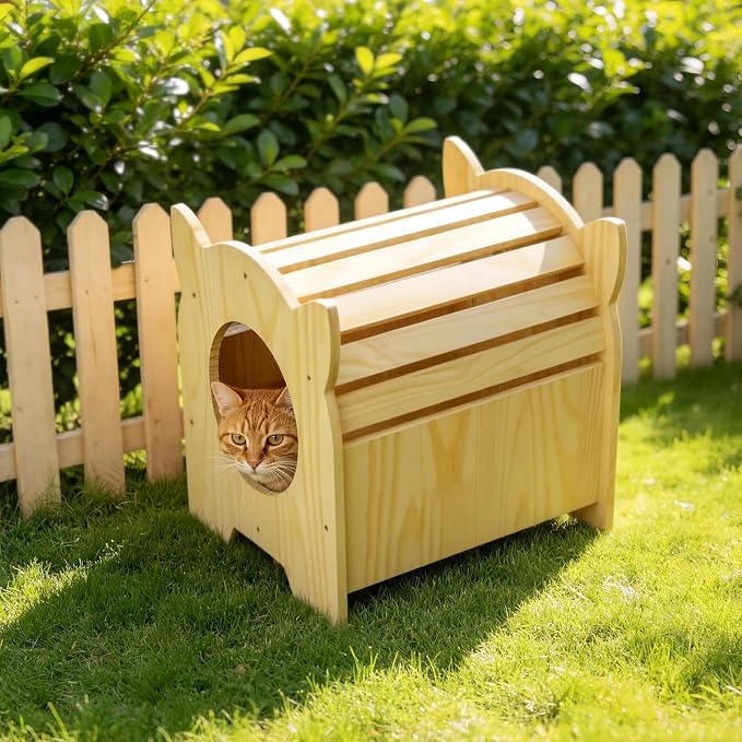Indoor Solid Wood Cat House, Adorable Cat Head + Tunnel Design, Natural Wood Finish, Easy Assembly & Maintenance, Cozy Play Haven for Small Cats Kittens