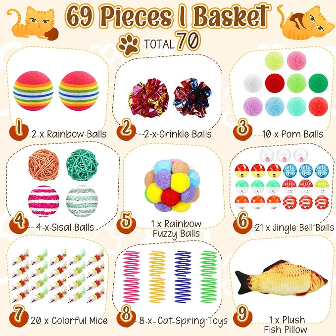 Sosation 70 Pcs Cat Easter Storage Basket Gift Toys Set Colorful Indoor Kitten Toy Assortment Including Mice, Rainbow Balls, Crinkle Balls, Springs Instinct Basket for Cats Interactive Play(Simple)