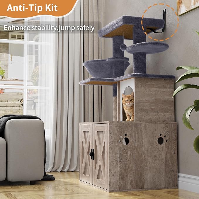 Cat Tree with Litter Box Enclosure, Hidden Litter Box Furniture with Cat Tower, Cat Tree with with Sisal Scratching Post,Hammocks,Condo,Multiple Platform,Soft Plush Perch, Grey