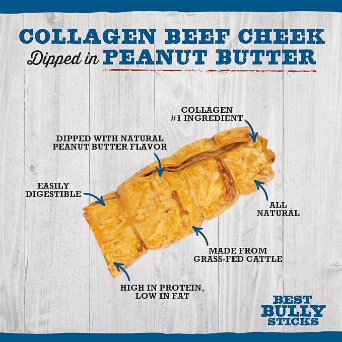 Best Bully Sticks Peanut Butter Beef Cheek Treats - Medium 4 Count (Pack of 1) - All-Natural, Collagen-Rich, Healthy Dog Treats