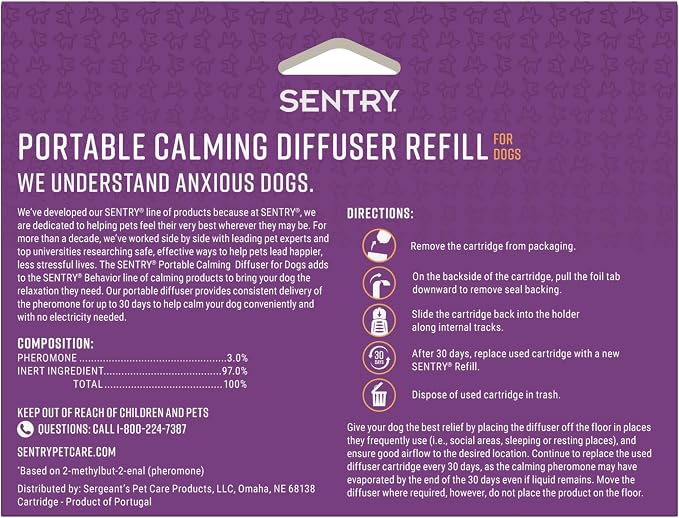 Sentry Behavior Portable Calming Diffuser Refill for Dogs, Reduces Response to Normal Stress and Bad Behavior with Calming Phereomones, Easy-to-use Portable Design, 60 Day Release (Pack of 2)