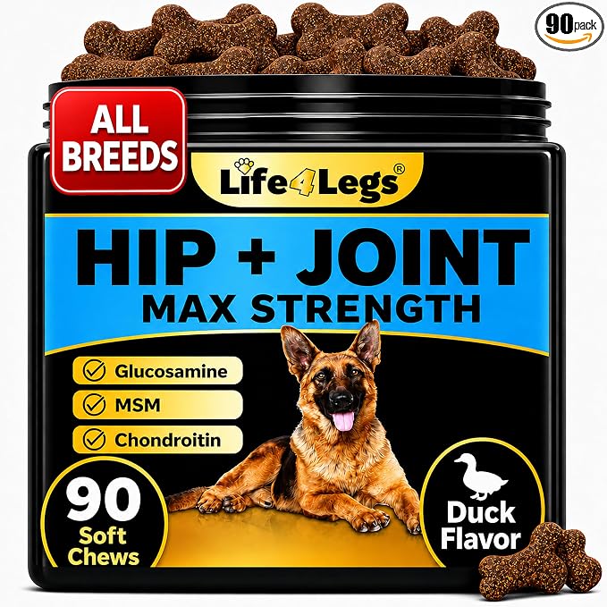 Joint Supplement for Dogs 500mg Glucosamine + 500mg MSM, Eggshell Membrane - Daily Hip and Joint Chews with Chondroitin, Green Lipped Mussel, Duck Flavor, Non-GMO, 90ct