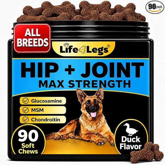 Joint Supplement for Dogs 500mg Glucosamine + 500mg MSM, Eggshell Membrane - Daily Hip and Joint Chews with Chondroitin, Green Lipped Mussel, Duck Flavor, Non-GMO, 90ct