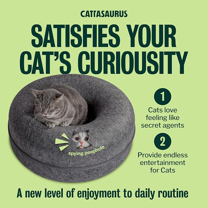 Cattasaurus Peekaboo Cat Cave Donut for Multiple & Large Cats up to 30-45 lbs, 3-in-1 Self Warming Cat Bed, Tunnel & Scratcher for Indoor Cats, Washable & Detachable (Light Gray + Dark Gray, Large)