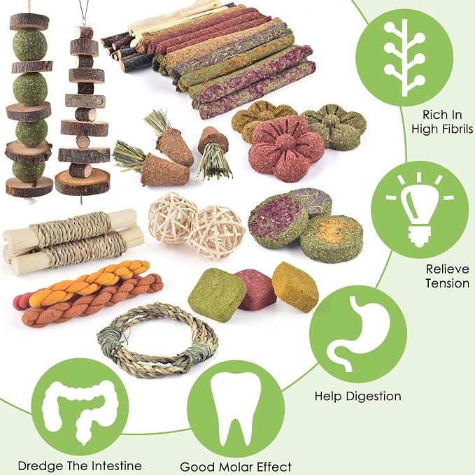 ERKOON 100PCS Rabbit Chew Toys, Natural Timothy Grass Cakes Guinea Pig Toys, Small Animal Teeth Grinding Treats for Bunny Hamster Chinchilla, Safe Dental Care Snacks