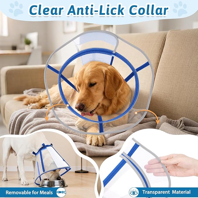 Dog Cone Collar, Clear Recovery Cone to Stop Licking, Adjustable Depth for Large Dogs, E-Collar with Reflective Strip for Night Visibility After Neuter Blue XL