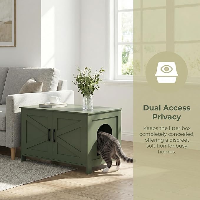 Homhedy Cat Litter Box Enclosure,Litter Box Furniture Hidden with Barn Door,Wooden Cat Washroom Furniture, Fit Most of Litter Box, Green