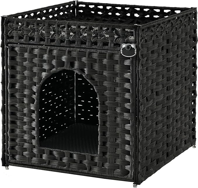 SETVSON Cat Litter Box Enclosure Furniture, Hidden Litter Box with Mat and Fence, Handwoven Rattan Cat House with Two S-Shaped Hooks for Living Room, Bedroom, 18.5 x 20.5 x 19.1 Inches (Black)