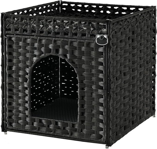 SETVSON Cat Litter Box Enclosure Furniture, Hidden Litter Box with Mat and Fence, Handwoven Rattan Cat House with Two S-Shaped Hooks for Living Room, Bedroom, 18.5 x 20.5 x 19.1 Inches (Black)