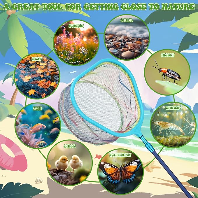 2 Pack Telescopic Kids Fishing Net with Handle, 2 Collapsible Bucket Sand Pail, Stainless Steel Foldable Fishing Net Small Fishing Butterfly Bug Net Beach Shovel with Storage Bag