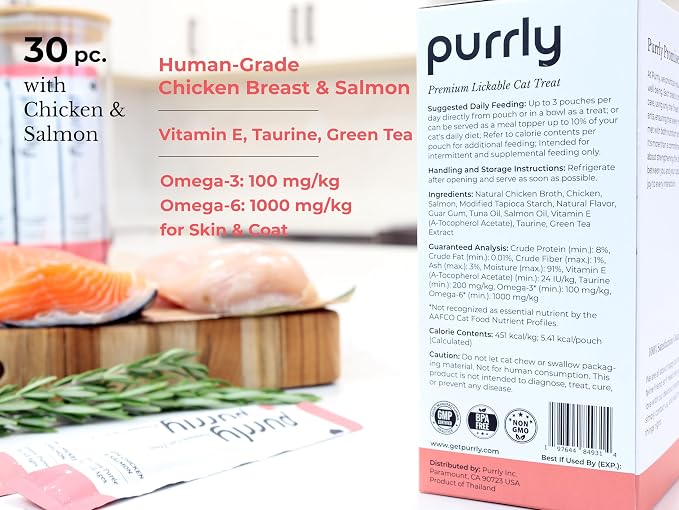 Purrly Hydrating Wet Cat Treat Snack Topper Creamy Purée Human-Grade Chicken Breast & Salmon with Omega-3 & 6 for Skin & Coat (30 Count) Healthy Lickable Squeeze Soft Training Snack Low-Phosphorus
