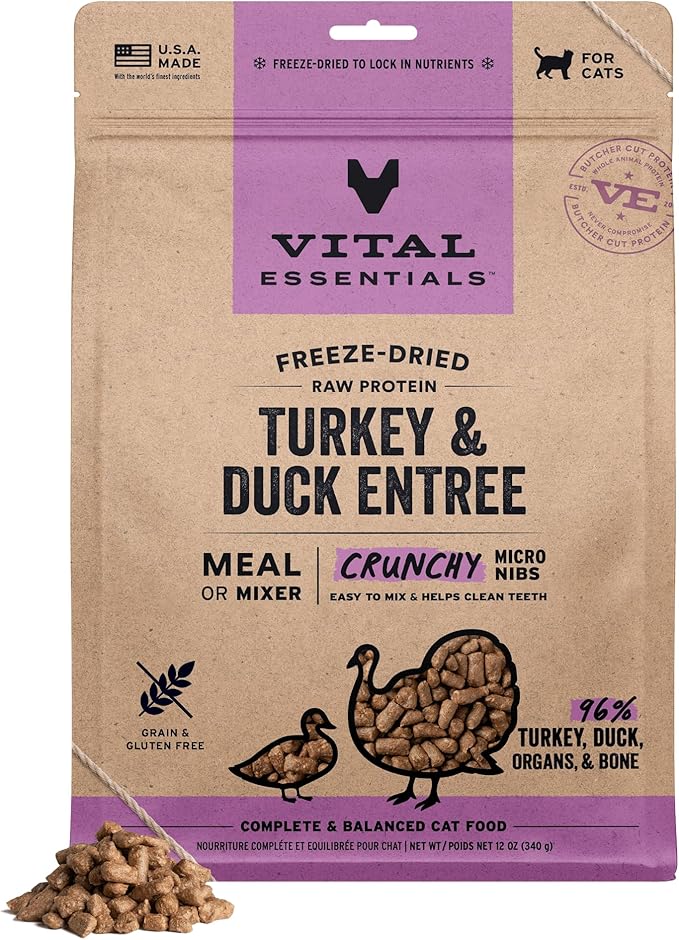 Vital Essentials Freeze Dried Cat Food, Raw Protein Turkey & Duck Micro Nibs | Complete Meal or Mixer | 96% Meat, Organs & Bone | High Protein, Low Carb, Grain Free, Dry Cat Food | 12 oz
