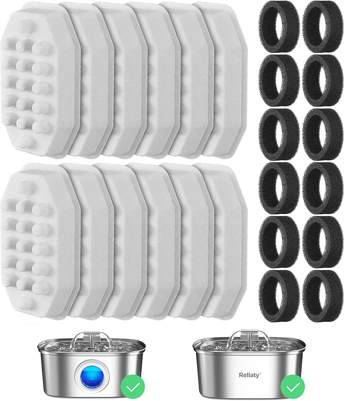 Rellaty Official Cat Fountain Filters Replacement | For 3.2L/108oz Automatic Pet Water Fountain - Includes 12 Sponge Filters & 12 Carbon Filters