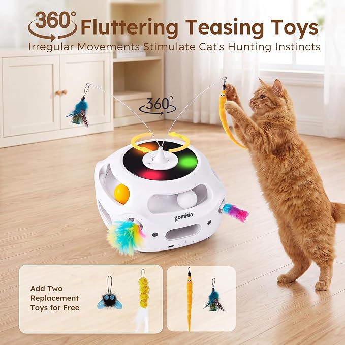 ZOMISIA 4 in 1 Automatic Interactive Cat Toy, Rechargeable Cat Toys for Indoor Cats with Fluttering Teasing Sticks, Trackballs, Shooting Feathers and Bird Chirping for Bored Indoor Adult Cats