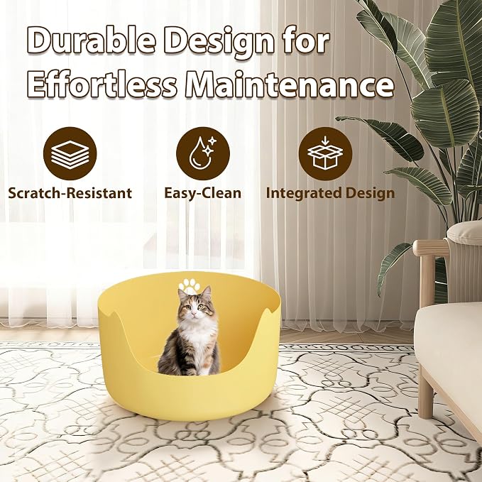 High Sides Low Entry Large Litter Pan (21.6x21.6x13.1 Inches), All-in-One Easy to Clean Plastic Litter Box for Kittens, Elderly & Large Cats, Doubles as Stylish Cat Bed, Yellow