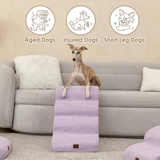 EHEYCIGA Curved Dog Stairs Ramp for High Beds 19.7" H, 4-Step Dog Steps for Small Dogs and Cats, Pet Stairs for High Bed Climbing, Non-Slip Balanced Pet Step Indoor, Lilac