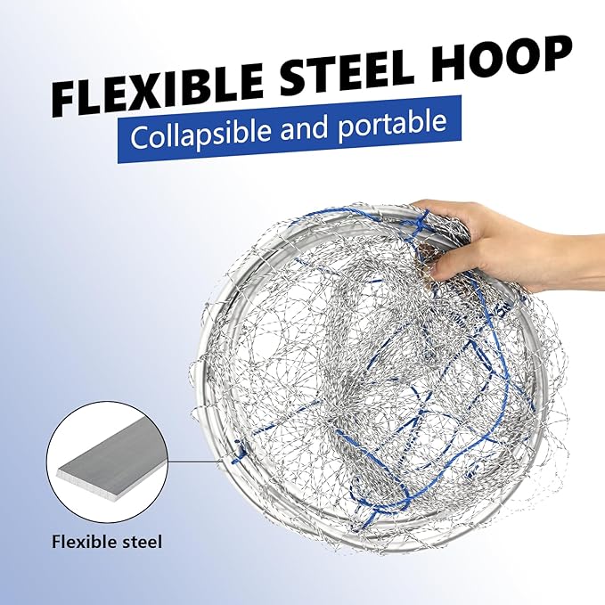 QualyQualy Large Bridge and Pier Fishing Net 32''/39'' Hoop, Foldable Drop Net Pier Fishing for Saltwater with Rope, Landing Net with Nylon Mesh, Collapsible Soft Steel Ring