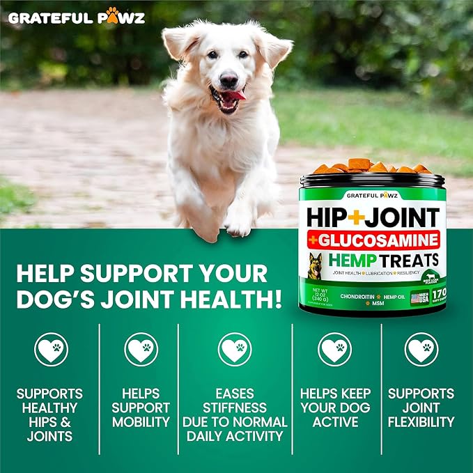Grateful Pawz Hemp Hip and Joint Supplement for Dogs - Glucosamine for Dogs - 160 Joint Pain Relief Treats - Chondroitin, MSM - Advanced Health Supplement - Beef Liver Flavor - Made in USA
